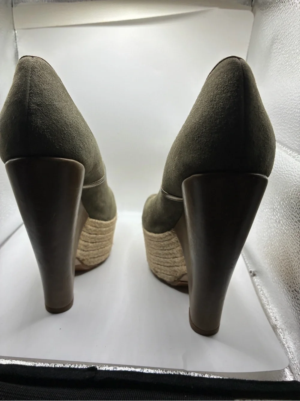 Baldan Italy Peep Toe Platform Mary Jane Heels Olive Suede EU 38 Women’s 8
